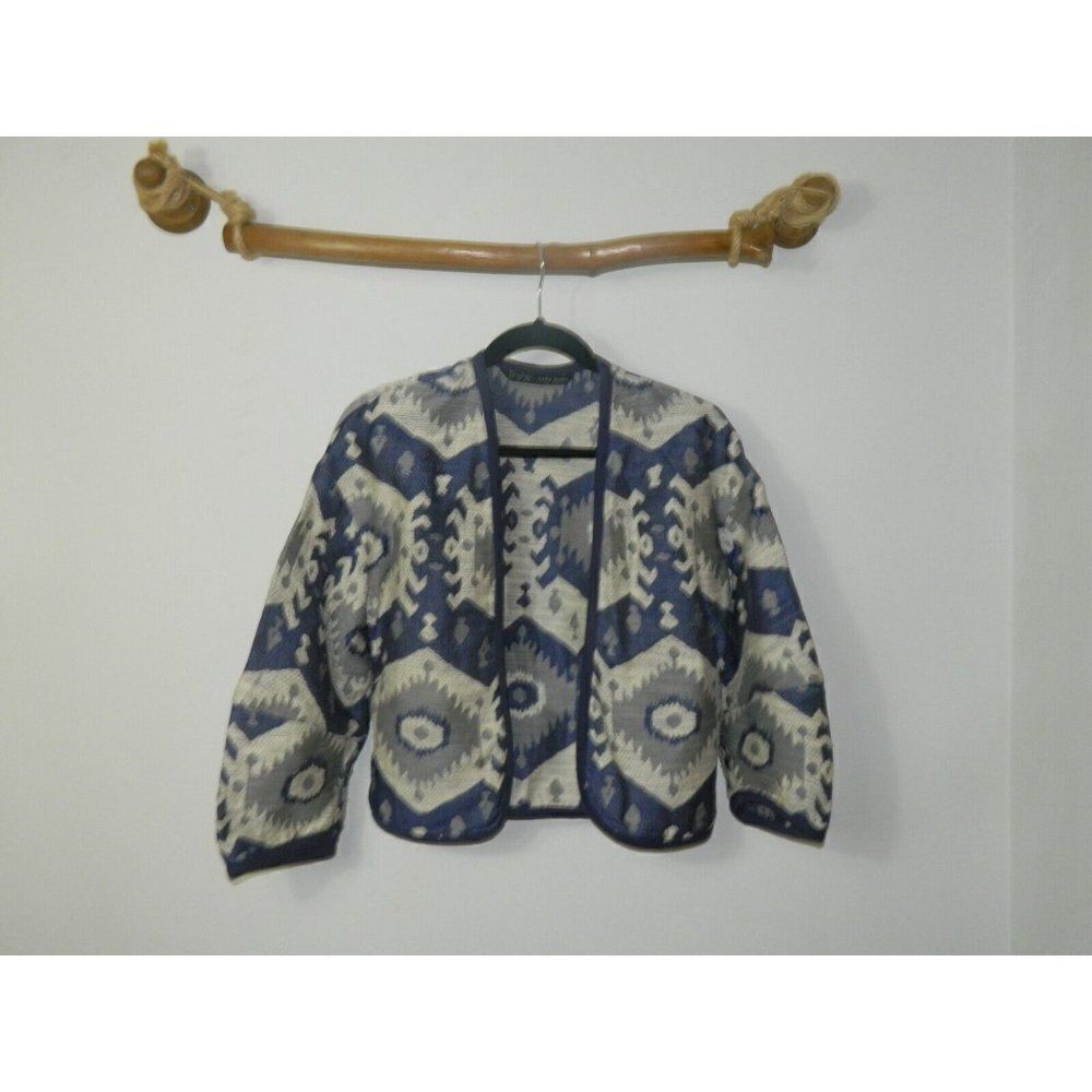 Zara‎ BASIC Jacket Blazer Blue Cream Aztec Short Open Front Boho Chic Size Small